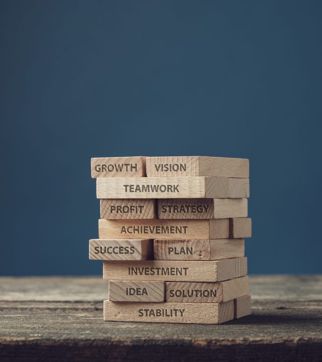 Stack of wooden pegs with words of personal and business development, from idea and vision to growth and success.